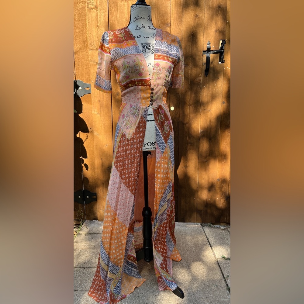 RAGA Anthropologie Maxi Length Duster Button Top Size XS NWT Orange Multi Print - Picture 1 of 7